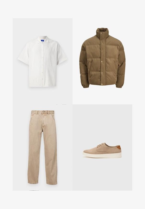 Barna kordbársony pufikabát magas gallérral, patentgombokkal, rugalmas mandzsettákkal és oldalsó zsebekkel, fehér háttéren bemutatva.; Rövid ujjú, fehér gombos ing, könnyű anyagból készült, klasszikus gallérral és finom textúrával. A gombok egyenletesen helyezkednek el.; Beige színű farmernadrág egyenes fazonnal, elülső zsebekkel, fém gombos záródással és diszkrét textúrával.; Beige velúr sportcipő, kerek orral, fűzős elülső résszel és textúrált hátsó részlettel. Fehér gumitalp kontrasztot ad. Egyszerű és modern design.