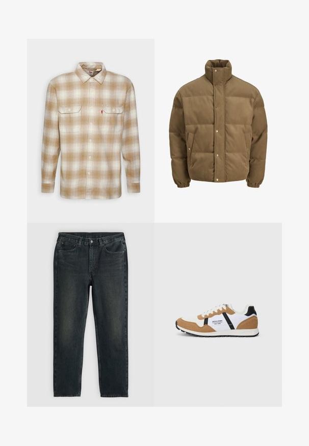 Rudos spalvos švarkas su raišteliu, turintis aukštą apykaklę, užsegamus mygtukais, elastines rankoves ir šonines kišenes, eksponuojamas ant balto fono.; Levi's® JACKSON - Marškiniai - tyrone iced coffee; Tamsiai mėlynos džinsinės kelnės su tiesiu kirpimu, turinčios penkias kišenes, užtrauktuką ir kontrastingas siūles. Audinys šiek tiek nublukęs.; Retro stiliaus sportbačiai su balta, tan zomša, juodais akcentais, baltais raišteliais ir "Jack & Jones EST. 1990" logotipu šone.