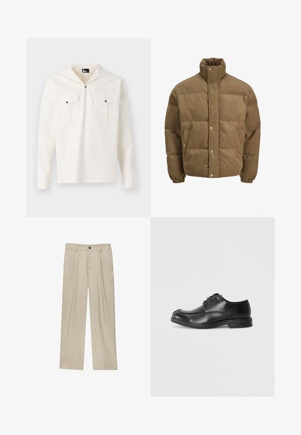 Brun manchesterpuffjacka med hög krage, tryckknappar, elastiska manschetter och sidofickor, visas mot en vit bakgrund.; Långärmad krämfärgad skjorta med huva, knäppning fram, två bröstfickor med lock och en mjuk tygstruktur.; Beiga byxor med rak passform, utrustade med en enda svart knapp, bältesöglor och sidofickor. Slät tygkänsla och minimalistisk design.; Svarta läder snörskor med rund tå, slät yta och låg klack. Har sömnadsdetaljer längs ovandelen och sidorna.