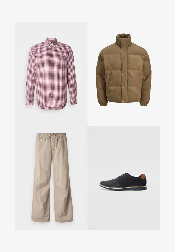 Hnědá kordurová péřová bunda s vysokým límcem, patkovými knoflíky, elastickými manžetami a bočními kapsami, vystavená na bílém pozadí.; Červená a bílá kostkovaná košile na knoflíky s dlouhými rukávy, límečkem a náprsní kapsou. Vyrobena z lehkého materiálu, hladká textura.; Béžové kalhoty širokého střihu s elastickým pasem a stahovací šňůrkou. Hladký materiál, dvě boční kapsy a minimální švy pro uvolněný fit.; Černé syntetické boty s texturovaným svrškem, hladkými detaily, hnědým podpatkem a kontrastní podrážkou. Obsahují minimální šněrování a švy.