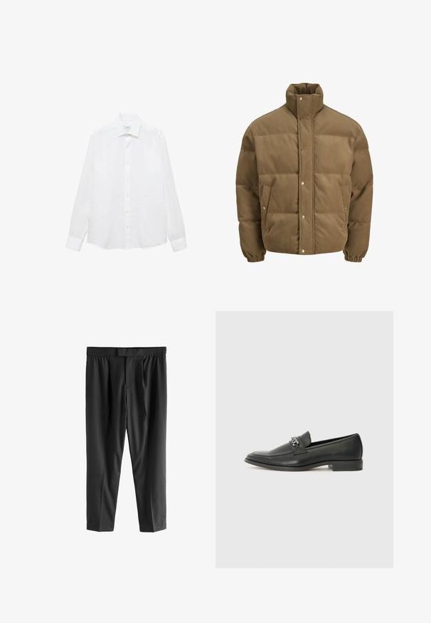 Braune Cord-Puffjacke mit hohem Kragen, Druckknöpfen, elastischen Bündchen und Seitentaschen, auf einem weißen Hintergrund präsentiert.; Weißes Langarmhemd aus Baumwolle. Mit button-down Kragen, Knöpfen vorne und geradem Saum. Keine Muster oder Akzente.; Next REGULAR FIT -CHECK SMART - Chino - black; Schwarzer Lederloafer mit glatter Oberfläche, ausgestattet mit einer gesteppten Gestaltung und einem dekorativen Metallkettendetail über dem Vorderblatt. Flacher Absatz.