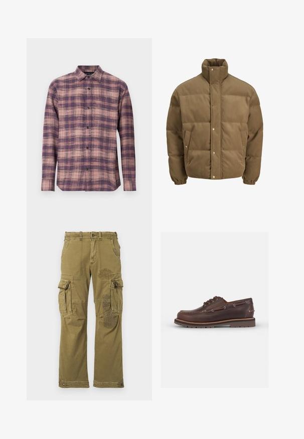 Brązowa puchowa kurtka z korduroy z wysokim kołnierzem, zatrzaskami, elastycznymi mankietami i bocznymi kieszeniami, wystawiona na białym tle.; Koszula w kratę z długim rękawem w odcieniach fioletu i różu, z kołnierzykiem zapinanym na guziki i czarnymi guzikami, wykonana z miękkiego materiału o gładkiej teksturze.; Zielona, długosleeve'owa bluza wykonana z miękkiej bawełny. Posiada mały, haftowany wzór ryby na lewej stronie klatki piersiowej. Klasyczny okrągły dekolt.; Zielone oliwkowe spodnie cargo z wieloma kieszeniami, z wzorzystą łatą na prawej nodze i wzmocnionymi szwami. Luźny krój i tekstura tkaniny.; Czarne skórzane buty żeglarskie z okrągłym noskiem, sześcioma oczkami, kontrastowym przeszyciem i teksturowaną gumową podeszwą.