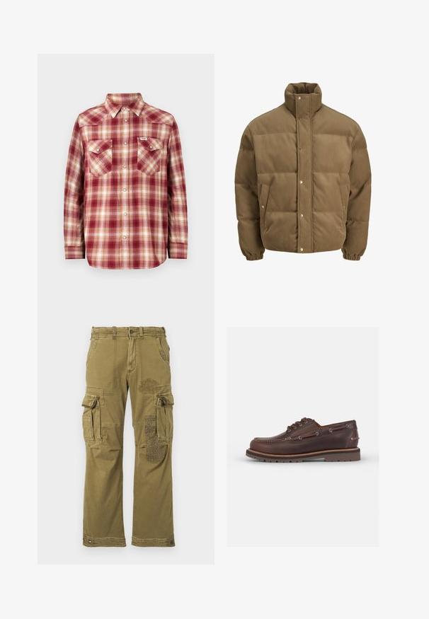 Brun kordfløyels pufferjakke med høy krage, trykknapper, elastiske mansjetter og sidelommer, vist på en hvit bakgrunn.; Rød og kremfarget rutet flanellskjorte med skråfaldskrage, lange ermer og to brystlommer. Har metallknapper og en avslappet passform.; Grønn langermet sweatshirt laget av myk bomull. Har et lite brodert fiskemotiv på venstre brystområde. Klassisk rund hals.; Olivengrønne cargo-bukser med flere lommer, med et mønstret patch på højre ben og forstærket syning. Casual pasform og stoftekstur.; Brune lærbåtsko med rund tå, seks hull, kontraststing, og en teksturert gummisåle.