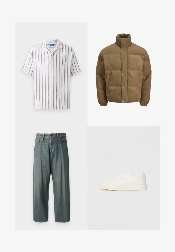 Veste matelassée en corduroy marron avec col haut, boutons pression, poignets élastiques et poches latérales, présentée sur un fond blanc.; Chemise à col courte manches en crème avec des rayures verticales navy. Fabriquée en tissu texturé, elle dispose d'une fermeture par boutons devant.; Jeans en denim bleu clair avec une coupe ample, taille mi-haute et jambes droites. Comprend cinq poches, des passants de ceinture et une fermeture à bouton.; Baskets blanches sans lacets avec une surface texturée, une semelle épaisse et un design minimaliste. Présente le logo de la marque sur le côté.