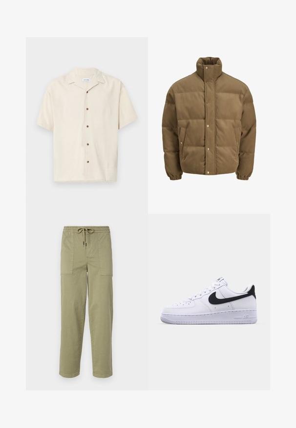 Bruine ribfluwelen pufferjack met hoge kraag, drukknoopsluiting, elastische manchetten en zijzakken, weergegeven op een witte achtergrond.; Beige overhemd met korte mouwen, gemaakt van een gladde stof. Voorzien van een puntige kraag en bruine knopen aan de voorkant.; Licht olijfgroene broek van een katoenmix, met een elastische tailleband met trekkoord en twee grote zijzakken.; Witte leren sneaker met een gestructureerde zwarte Swoosh, platte veters en een rubberen zool met een geribbeld patroon. "AIR" is in de hak geperst.