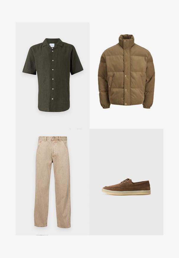 Casaco puffer de veludo cotelê castanho com colarinho alto, botões de pressão, punhos elásticos e bolsos laterais, exibido sobre um fundo branco.; Camisa de linho de manga curta, verde escuro, com colarinho, fecho frontal por botões e barra reta. Tecido texturizado com um ligeiro brilho.; Jeans de ganga bege com um design de perna reta, apresentando bolsos frontais, fecho com botão metálico e uma textura subtil.; Sapatos de camurça castanho com um perfil baixo, design atado, sola de borracha e detalhes de costura contrastantes. Estilo simples e funcional.