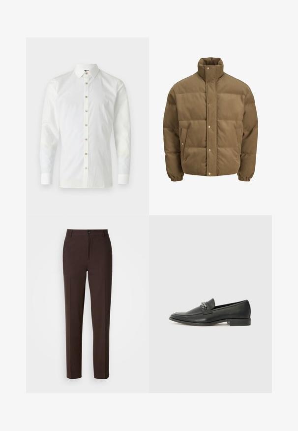 Brown corduroy puffer jacket with high collar, snap buttons, elastic cuffs, and side pockets, displayed on a white background.; White long-sleeve shirt made of smooth fabric, featuring a pointed collar, button front with light brown buttons, and cuffed sleeves.; Brown trousers with a straight-leg design, featuring a single front pleat, a button closure, and a smooth fabric texture.; Black leather loafer with a smooth finish, featuring a stitched design and a decorative metal chain accent across the vamp. Flat heel.