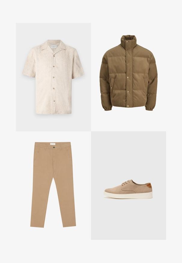 Bruine ribfluwelen pufferjack met hoge kraag, drukknoopsluiting, elastische manchetten en zijzakken, weergegeven op een witte achtergrond.; Korte mouwen, beige shirt met een subtiel bloemenpatroon en vijf knopen aan de voorkant, gemaakt van lichte stof.; Khaki chino's, gemaakt van een katoenmix, met een vlakke voorkant, twee zijzakken en een enkele achterzak. Lichtgewicht stof met een gladde textuur.; Beige suède sneakers met een ronde neus, vetersluiting aan de voorkant en een getextureerde achteraccent. De witte rubberen zool zorgt voor contrast. Eenvoudig en modern ontwerp.