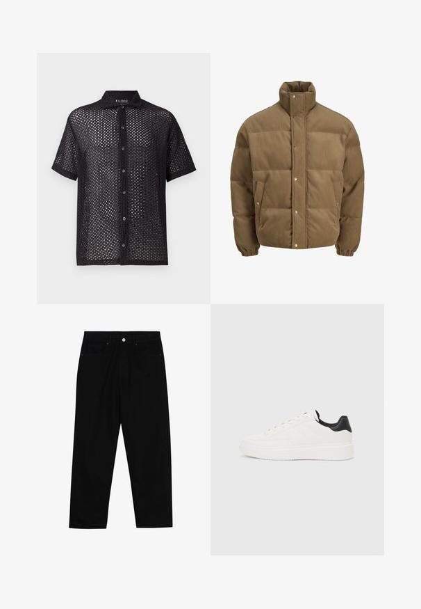 Braune Cord-Puffjacke mit hohem Kragen, Druckknöpfen, elastischen Bündchen und Seitentaschen, auf einem weißen Hintergrund präsentiert.; Schwarzes kurzärmeliges Hemd mit Knopfleiste, hergestellt aus durchscheinendem gewobenem Netzstoff, mit einem geraden Kragen und einem strukturierten, offenen Muster.; Schwarze Jeans mit geradem Schnitt, Fünf-Taschen-Design und einem vorderen Knopfverschluss. Glatte Textur mit minimalen Nähten.; Weißes Leder-Sneaker mit geprägtem Muster, strukturierter weißer Zwischensohle und schwarzen Akzenten an der Ferse. Verfügt über eine abgerundete Zehenpartie und flache Schnürsenkel.