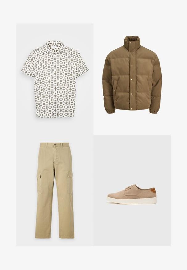 Barna kordbársony pufikabát magas gallérral, patentgombokkal, rugalmas mandzsettákkal és oldalsó zsebekkel, fehér háttéren bemutatva.; Rövid ujjú gombos ing fehér anyagból, geometrikus barna mintával. Klasszikus gallérral és finom textúrával rendelkezik.; Beige vászon cargo nadrág, két oldalsó zsebbel, gombos záródással, egyenes lábakkal és enyhén texturált anyagból készült.; Beige velúr sportcipő, kerek orral, fűzős elülső résszel és textúrált hátsó részlettel. Fehér gumitalp kontrasztot ad. Egyszerű és modern design.