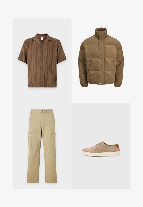 Chaqueta de plumón de pana marrón con cuello alto, botones a presión, puños elásticos y bolsillos laterales, exhibida sobre un fondo blanco.; Camisa marrón de manga corta con una sutil textura a rayas, cierre frontal de botones y un collar clásico. Tejido ligero.; Pantalones cargo beige de algodón, con dos bolsillos laterales, cierre de botón y perneras rectas con una tela ligeramente texturizada.; Zapatillas de ante beige con puntera redondeada, cordones en la parte delantera y un acento texturizado en la parte trasera. La suela de goma blanca proporciona contraste. Diseño sencillo y moderno.