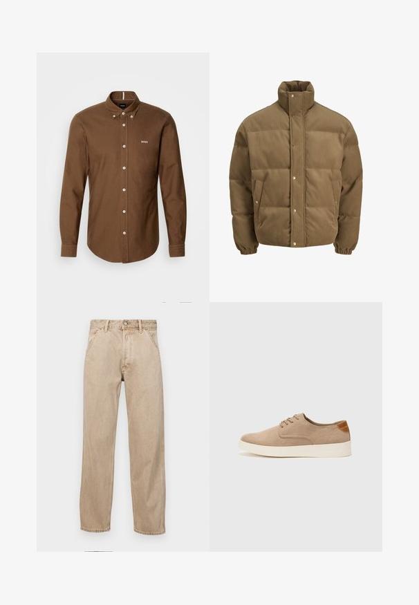 Pruunist kootud puffer-jope kõrge kraega, nööbid, elastsed mansetid ja küljetaskud, esitatud valgel taustal.; BOSS ROAN - Pluus - brown; Bežidemini teksased sirgjoonise kujundusega, front pocket'itega, metallist nööbi kinnitusega ja peene tekstuuriga.; Beežid nahast tossud ümarate varvastega, paeltega esiosa ja tekstuuriga tagakontuuriga. Valge kummist tallapakkumine loob kontrasti. Lihtne ja kaasaegne disain.