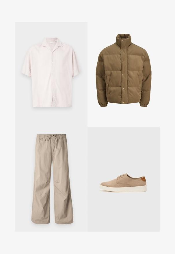 Brūns korduroja pufersjakas ar augstu apkakli, spiedpogu aizdari, elastīgām aprocēm un sānu kabatām, izstādīta uz baltā fona.; Gaisma béžā lina krekls ar īsām piedurknēm, ar klasisku apkakli, smalku tekstūru un priekšējo pogu aizdari.; Bežīgas platās bikses ar elastīgu jostu un saiti. Gluda tekstūra, divas sānu kabatas un minimāli šuvi brīvai piegriezumam.; Beige zamšādas kedas ar noapaļotu purngala daļu, auklēm saplacinātu priekšpusi un teksturētu aizmugures akcentu. Balta gumijas zole nodrošina kontrastu. Vienkāršs un mūsdienīgs dizains.