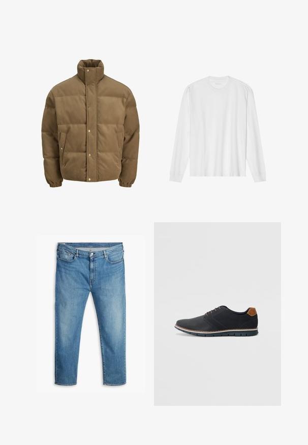 Chaqueta de plumón de pana marrón con cuello alto, botones a presión, puños elásticos y bolsillos laterales, exhibida sobre un fondo blanco.; Camiseta de algodón blanca de manga larga con cuello redondo y puños acanalados. Diseño simple y sin adornos, con una textura suave y corte estándar.; Jeans de denim azul con corte recto, que cuentan con cinco bolsillos, un cierre de botón y detalles de costura a lo largo de las costuras.; Zapatos sintéticos negros con un upper texturizado, acentos lisos, tacón marrón y una suela en contraste. Presenta un cordón mínimo y detalles de costura.