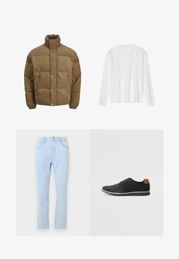 Rjav cordurojasti puhovnik z visokim ovratnikom, zaponkami na gumbe, elastičnimi manšetami in stranskimi žepi, prikazan na beli podlagi.; Bela bombažna majica z dolgimi rokavi in posadnim izrezom ter rebrastimi manšetami. Preprost, neokrašen dizajn, ki se ponaša z gladko teksturo in standardnim krojem.; Svetlo modri kavbojke s ravnimi hlačnicami, petimi žepi, zblaknjeno teksturo in kovinskim gumbom za zapiranje na pasu.; Črne sintetične čevlje z teksturirano zgornjščino, gladkimi akcenti, rjavim petnim delom in kontrastnim podplatom. Imajo minimalno vezanje in detajle šivanja.