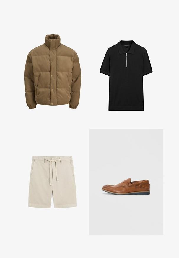 Brown corduroy puffer jacket with high collar, snap buttons, elastic cuffs, and side pockets, displayed on a white background.; Black short-sleeve polo shirt with a stand collar and a front zipper. Made of a smooth fabric with a clean, minimalist design.; Beige shorts made of lightweight fabric. Features an elastic waistband with a drawstring, two front pockets, and a straight leg design.; Brown leather loafers with a round toe, stitched accents, and a low rubber sole. The design features a band across the upper.