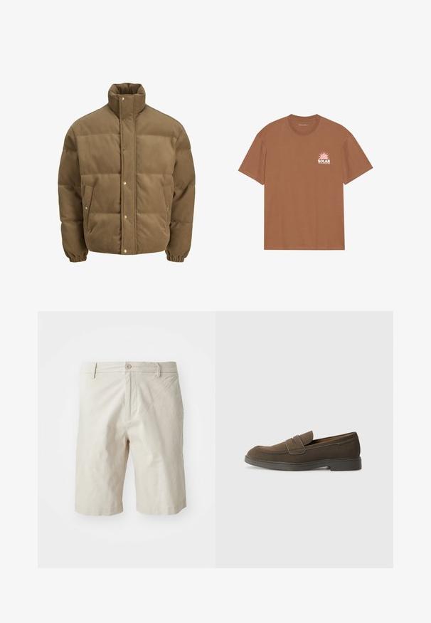 Rjav cordurojasti puhovnik z visokim ovratnikom, zaponkami na gumbe, elastičnimi manšetami in stranskimi žepi, prikazan na beli podlagi.; Bela kratka majica zavezana iz bombaža, ki ima na levem prsnem delu rožnato sončno grafiko in napis "SOLAR". Oblika s krožnim vratom.; Bež bombažne kratke hlače s sprednjo gumbno zaponko, zankami za pas in ravnim krojem. Gladka tekstura, ki se konča malo nad kolenom.; Rjavi semenski loafers s zaobljenim nosom, trak iz čez zgornji del in ravnim gumijastim podplatom. Enostavna oblika z čistimi linijami in minimalnim okrasjem.