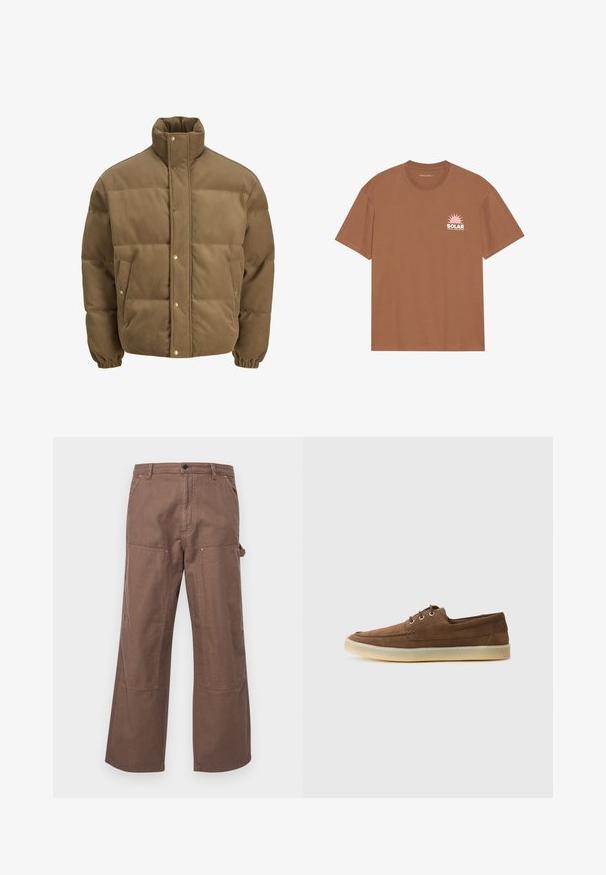 Smeđi puffer jakna od kordura s visokim ovratnikom, dugmadi na preklop, elastičnim manžetama i bočnim džepovima, prikazana na bijeloj pozadini.; Smeđi kratki rukavi majica od pamuka, s rozim grafikom sunca i natpisom "SOLAR" na lijevom prsnom dijelu. Dizajn s okruglim izrezom.; Smeđe pamučne cargo hlače s opuštenim krojem, bočnim džepovima i velikim zakrpama na koljenima za dodatnu izdržljivost i stil.; Smeđe antilop cipele s niskim profilom, vezane, gumenim potplatom i kontrastnim detaljima šivanja. Jednostavan i funkcionalan stil.