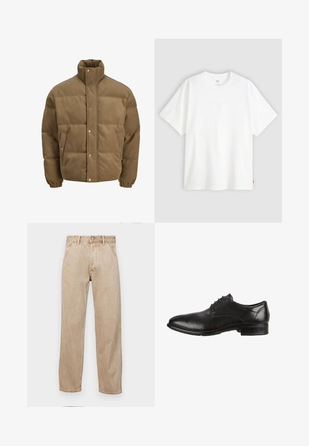 Brun kordfløyels pufferjakke med høy krage, trykknapper, elastiske mansjetter og sidelommer, vist på en hvit bakgrunn.; Hvit t-skjorte med korte ermer laget av bomull, med rund hals. Har diskret preget logo detalj foran og en rød etikett på kanten.; Beige denimjeans med rett ben design, med frontlommer, metallknapplukking og subtil tekstur.; Sorte skinnsko med en glatt overflate, rund tå, snøring og en lav, stablet hæl. Subtile sømdetaljer er synlige.