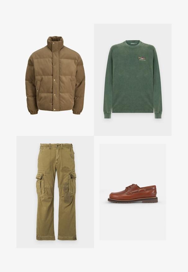 Veste matelassée en corduroy marron avec col haut, boutons pression, poignets élastiques et poches latérales, présentée sur un fond blanc.; Sweatshirt vert à manches longues en coton doux. Doté d'un petit motif de poisson brodé sur la partie gauche de la poitrine. Col rond classique.; Chemise à manches longues en tissu à carreaux dans des tons de violet et de rose, avec un col boutonné et des boutons noirs, fabriquée en tissu doux avec une texture lisse.; Pantalons cargo verts olive avec plusieurs poches, arborant un patch à motifs sur la jambe droite et des coutures renforcées. Coupe décontractée et texture du tissu.; Bottines en cuir marron avec une pointe arrondie, un design à lacets et des œillets en métal. Semelle texturée pour l'adhérence. Style classique et décontracté.