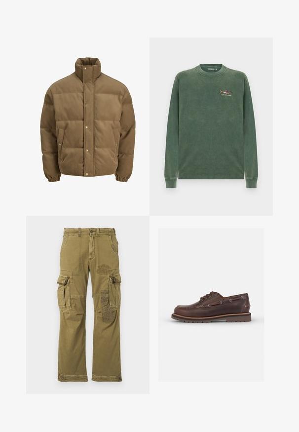 Veste matelassée en corduroy marron avec col haut, boutons pression, poignets élastiques et poches latérales, présentée sur un fond blanc.; Sweatshirt vert à manches longues en coton doux. Doté d'un petit motif de poisson brodé sur la partie gauche de la poitrine. Col rond classique.; Pantalons cargo verts olive avec plusieurs poches, arborant un patch à motifs sur la jambe droite et des coutures renforcées. Coupe décontractée et texture du tissu.; Chaussure bateau en cuir marron avec un bout arrondi, six œillets, des coutures contrastées et une semelle en caoutchouc texturée.