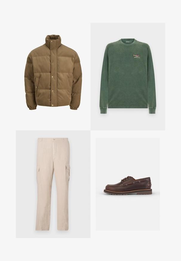 Rudos spalvos švarkas su raišteliu, turintis aukštą apykaklę, užsegamus mygtukais, elastines rankoves ir šonines kišenes, eksponuojamas ant balto fono.; Žalia ilgomis rankovėmis palaidinė, pagaminta iš minkštos medvilnės. Yra mažas išsiuvinėtas žuvies dizainas kairėje krūtinės pusėje. Klasikinis apvalus kaklas.; Šviesiai rudos spalvos lininiai cargo kelnių, turinčių dvi šonines kišenes, priekinį mygtuko užsegimą ir tiesius kojų kirpimus su lygiu paviršiumi.; Rudos odinės jachtos bateliai su apvaliu pirštu, šešiais akių skyreliais, kontrastingomis siūlėmis ir tekstūruota gumo sola.