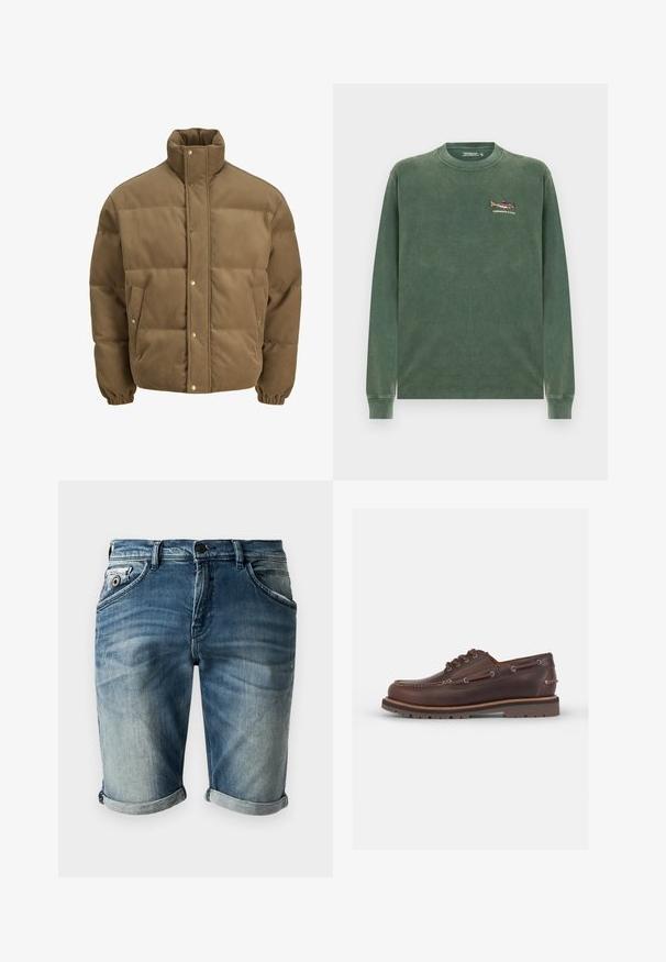 Braune Cord-Puffjacke mit hohem Kragen, Druckknöpfen, elastischen Bündchen und Seitentaschen, auf einem weißen Hintergrund präsentiert.; Grüner Langarm-Sweatshirt aus weichem Baumwollmaterial. Mit einem kleinen gestickten Fischdesign auf der linken Brustseite. Klassischer Rundhalsausschnitt.; Denim-Shorts in einer verblassten blauen Farbnuance mit einer leicht abgetragenen Textur. Sie verfügen über umgeschlagene Säume, Vordertaschen und einen klassischen Knopfverschluss.; Braune Lederbootsschuh mit runder Zehenform, sechs Ösen, kontrastierenden Nähten und einer strukturierten Gummisohle.