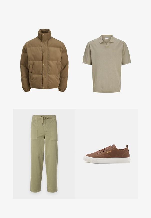 Jachetă puffer din catifea călduță, de culoare maro, cu guler înalt, nasturi cu capse, manșete elastice și buzunare laterale, expusă pe un fundal alb.; Cămașă polo bej cu mânecă scurtă, cu un finisaj texturat, având un gât în V și un guler plat. Linia simplă și curată, fără modele vizibile.; Pantaloni de culoare verde măslin deschis, confecționați dintr-un amestec de bumbac, cu un tiv elastic și șnur, și două buzunare laterale mari.; Jack & Jones JFWBAYSWATER - Sneakers low - cognac