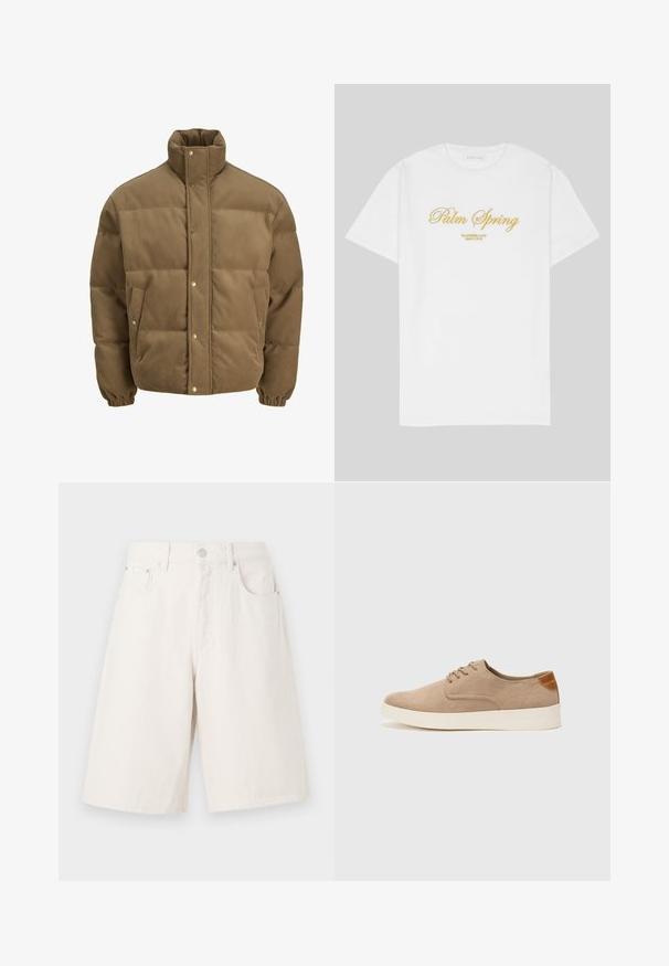 Giacca puffer in corduroy marrone con colletto alto, bottoni a pressione, polsini elasticizzati e tasche laterali, esposta su uno sfondo bianco.; T-shirt bianco in cotone con testo dorato che recita "Palm Spring" e "California Love Eighty Five" sotto, vestibilità comoda, design con collo rotondo.; Pantaloni shorts in denim beige chiaro con una vestibilità ampia, dotati di due tasche anteriori, di una chiusura con cerniera e di un bottone in metallo.; Sneaker in suede beige con punta arrotondata, stringhe davanti e un accento testurizzato sul retro. La suola in gomma bianca offre un contrasto. Design semplice e moderno.