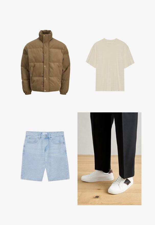 Smeđi puffer jakna od kordura s visokim ovratnikom, dugmadi na preklop, elastičnim manžetama i bočnim džepovima, prikazana na bijeloj pozadini.; Majica kratkih rukava krem boje s blagom prugastom teksturom i okruglim izrezom, izrađena od lagane tkanine.; Svijetloplavi traper šorts s ravnim krojem, s prednjim džepovima, kopčanjem na dugme i izblijedjelim izgledom. Klasičan dizajn s pet džepova.; Bijele tenisice s glatkom teksturom, s smešnim kožnim detaljima i crnim naglascima, u kombinaciji s crnim krojenim hlačama. Pozadina od drvenog poda.