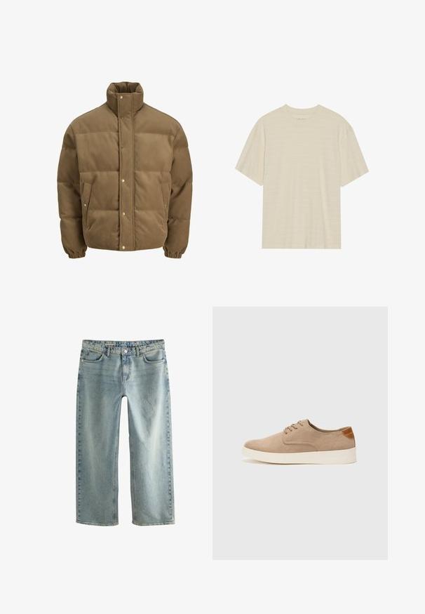Smeđi puffer jakna od kordura s visokim ovratnikom, dugmadi na preklop, elastičnim manžetama i bočnim džepovima, prikazana na bijeloj pozadini.; Majica kratkih rukava krem boje s blagom prugastom teksturom i okruglim izrezom, izrađena od lagane tkanine.; Svijetloplavi traper široki traperice imaju ravni kroj, dizajn s pet džepova i vidljivu kopču s gumbom.; Bež nubuk tenisice s okruglim vrhom, vezanjem sprijeda i teksturiranim stražnjim naglaskom. Bijela gumena potpetica pruža kontrast. Jednostavan i moderan dizajn.