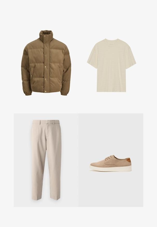 Pruunist kootud puffer-jope kõrge kraega, nööbid, elastsed mansetid ja küljetaskud, esitatud valgel taustal.; Kreemi tooni lühikese varrukaga T-särk, mis sisaldab õrna triibulist tekstuuri ja ümardatud kaelust, valmistatud kergest kangast.; Abercrombie & Fitch Baggy Trouser - Püksid - khaki; Beežid nahast tossud ümarate varvastega, paeltega esiosa ja tekstuuriga tagakontuuriga. Valge kummist tallapakkumine loob kontrasti. Lihtne ja kaasaegne disain.