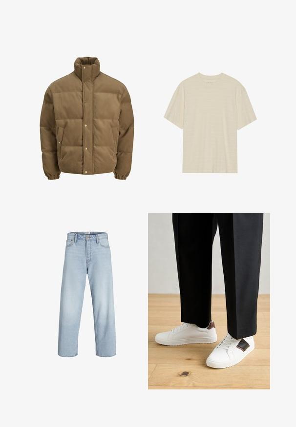 Rjav cordurojasti puhovnik z visokim ovratnikom, zaponkami na gumbe, elastičnimi manšetami in stranskimi žepi, prikazan na beli podlagi.; T-maica kratkih rukava kremaste barve z diskretnim prugastim vzorcem in okroglim izrezom, izdelana iz lahkotnega blaga.; Svetlo modri kavbojki z visokim pasom, širokimi hlačnicami in ravnim krojem. Imajo klasično zapiranje z gumbom in zasnovo s petimi žepi.; Beli športni copati z gladko teksturo, okrašeni z rjavimi usnjenimi detajli in črnimi poudarki, v kombinaciji s črnimi krojenimi hlačami. Ozadje iz lesenih tal.