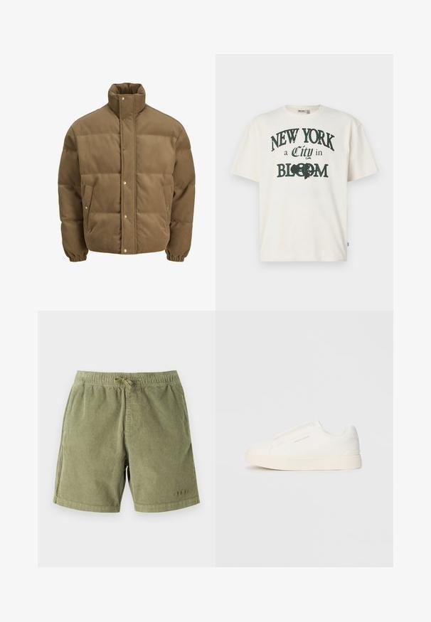 Braune Cord-Puffjacke mit hohem Kragen, Druckknöpfen, elastischen Bündchen und Seitentaschen, auf einem weißen Hintergrund präsentiert.; Krämfarbendes Baumwoll-T-Shirt mit kurzen Ärmeln, das ein gedrucktes Design mit der Aufschrift "NEW YORK eine Stadt im BLÜHEN" in dunkelgrün zeigt.; Hellgrüne Cordshorts mit elastischem Bund und Kordelzug. Sie verfügen über seitliche Taschen und subtile Steppdetails.; Weiße Slip-On-Sneaker mit einer strukturierten Oberfläche, dicker Sohle und minimalistischem Design. Mit Logo der Marke an der Seite.