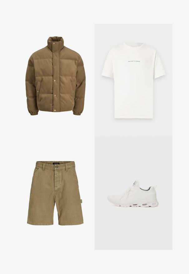 Brūns korduroja pufersjakas ar augstu apkakli, spiedpogu aizdari, elastīgām aprocēm un sānu kabatām, izstādīta uz baltā fona.; Baltā kokvilnas T-kreklā ar īsām piedurknēm un apaļu kakla izgriezumu. Centrāls teksts lasa "LAIPNI LŪDZAM PARADĪZĒ" zaļā, izliekta fontā.; Beige kokvilnas šorti ar taisnu griezumu, kuriem ir sānu kabatas, priekšējā pogu aizdares un logo birka aizmugurē.; Baltas sporta apavi ar teksturētu adītu augšdaļu, platiem auklām un mīkstinātu zoli ar redzamām gaisa kamerām papildu atbalstam.