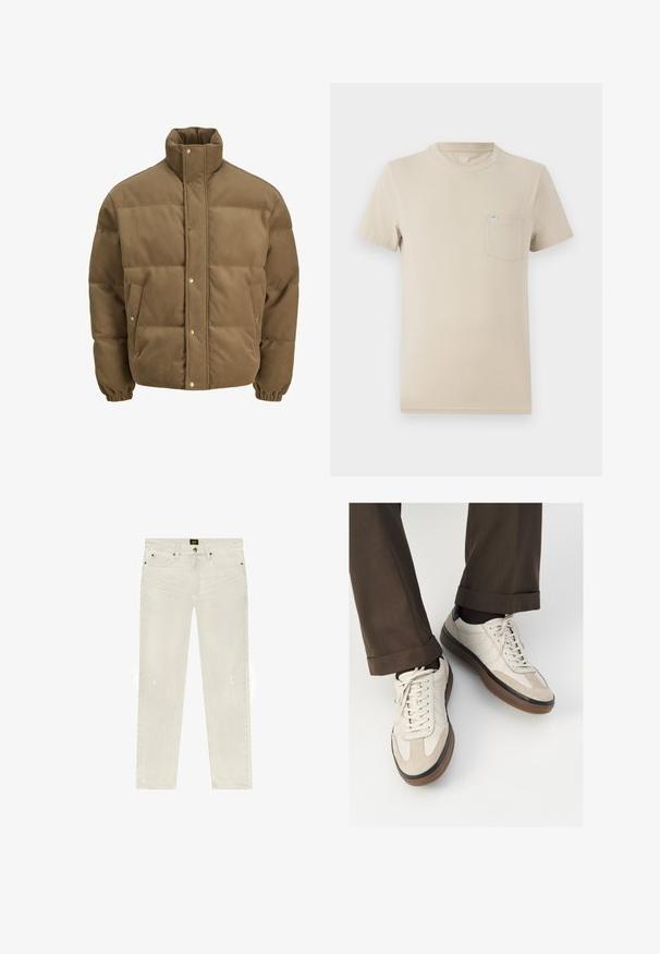 Bruine ribfluwelen pufferjack met hoge kraag, drukknoopsluiting, elastische manchetten en zijzakken, weergegeven op een witte achtergrond.; Beige t-shirt met korte mouwen van katoen, voorzien van een ronde hals en een borstzakje aan de linkerkant met een klein logo-label. Soepele textuur, casual ontwerp.; Witte denim jeans met een rechte fit, voorzien van een klassiek vijf-pocket ontwerp, duidelijke vervaagde delen en minimale slijtage-details.; Beige sneakers met een leren voorkant van textuur-suède, gladde leren zijkanten en een bruine rubberen zool. Veters en lichte stikseldetails inbegrepen.