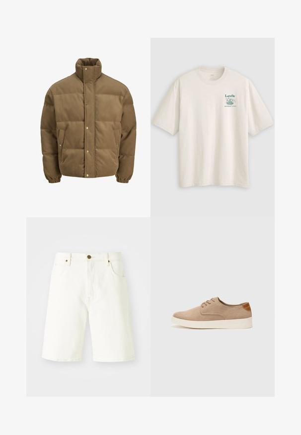 Rjav cordurojasti puhovnik z visokim ovratnikom, zaponkami na gumbe, elastičnimi manšetami in stranskimi žepi, prikazan na beli podlagi.; Bela bombažna majica s kratkimi rokavi, z zelenim Lev's logotipom in napisom na levi strani prsnega koša. Ohlapne prileganje, gladka tekstura.; Beli jeansi kratke hlače s ravnim krojem, klasičnim pet-pocket dizajnom in z zapiranjem na bakren gumb. Gladka tekstura in obrobljeni robovi.; Bež tkanine usnjene superge z zaobljenim nosom, vezalkami na sprednji strani in teksturiranim zadnjim detajlom. Belo gumijasto podplato zagotavlja kontrast. Enostaven in sodoben dizajn.