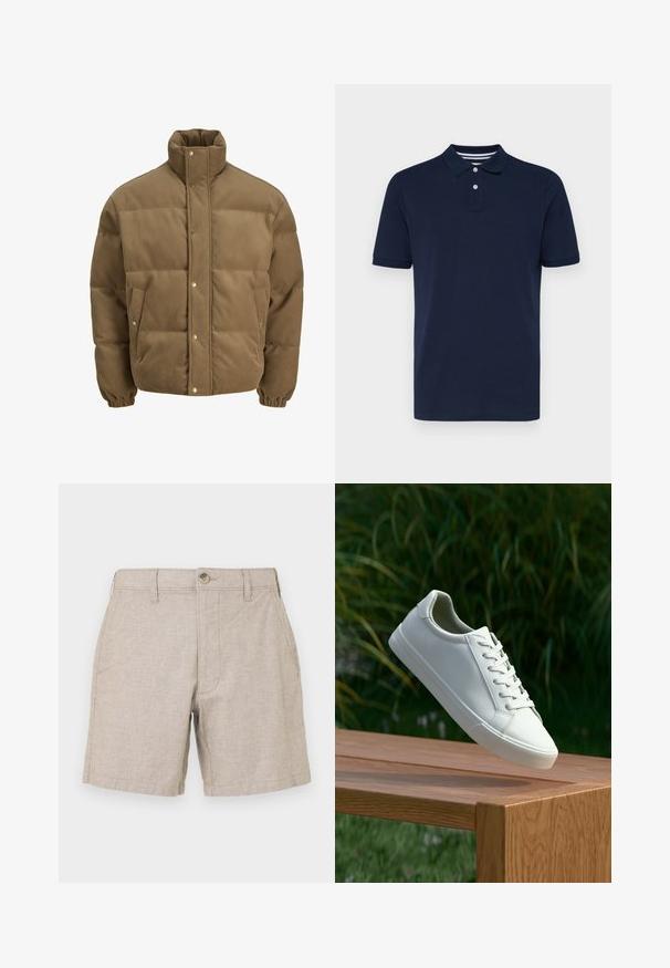 Brown corduroy puffer jacket with high collar, snap buttons, elastic cuffs, and side pockets, displayed on a white background.; Navy blue short-sleeve polo shirt made of cotton, featuring a collared neckline with three buttons and subtle horizontal stripes on the collar.; Beige linen shorts with a flat front, two side pockets, and a single button closure. The fabric has a subtle texture and light weight.; White lace-up sneaker hovering above wooden bench with green foliage in the background, showcasing shoe design and texture.