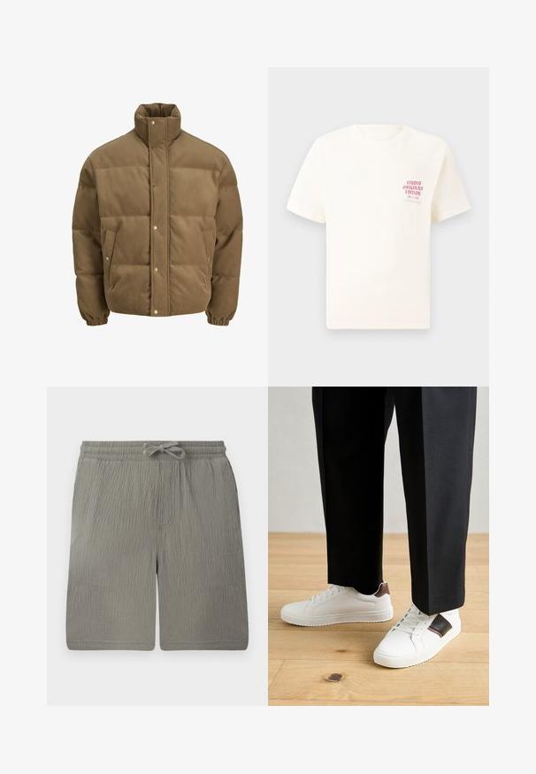 Giacca puffer in corduroy marrone con colletto alto, bottoni a pressione, polsini elasticizzati e tasche laterali, esposta su uno sfondo bianco.; T-shirt bianco a maniche corte con testo rosso "Studio Originals Edition" sul lato sinistro del petto, esposto su uno sfondo grigio neutro.; Shorts grigi chiari realizzati in tessuto testurizzato. Presentano una vita elastica, un cordoncino e una tasca laterale. Design semplice e dritto.; Sneakers bianchi dalla texture liscia, con dettagli in pelle marrone e particolari neri, abbinati a pantaloni neri su misura. Sfondo in parquet.