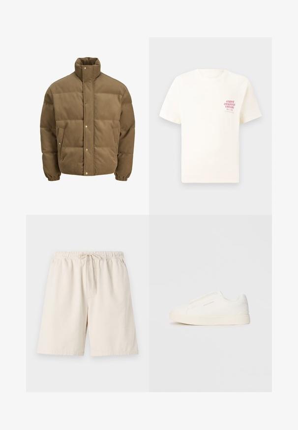 Veste matelassée en corduroy marron avec col haut, boutons pression, poignets élastiques et poches latérales, présentée sur un fond blanc.; T-shirt blanc à manches courtes avec le texte rouge "Édition Originals du Studio" sur la poitrine gauche, présenté sur un fond gris neutre.; Shorts côtelés beige clair avec une taille élastique et un cordon de serrage. Comprend des poches latérales et une coupe décontractée. Matière en mélange de coton.; Baskets blanches sans lacets avec une surface texturée, une semelle épaisse et un design minimaliste. Présente le logo de la marque sur le côté.