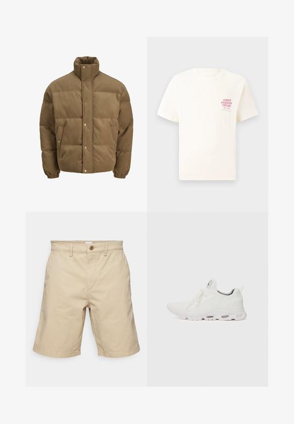 Giacca puffer in corduroy marrone con colletto alto, bottoni a pressione, polsini elasticizzati e tasche laterali, esposta su uno sfondo bianco.; T-shirt bianco a maniche corte con testo rosso "Studio Originals Edition" sul lato sinistro del petto, esposto su uno sfondo grigio neutro.; GAP ESSENTIAL SHORT - Shorts - iconic khaki; Scarpe atletiche bianche con tomaia in maglia testurizzata, lacci piatti e una suola ammortizzata con camere d'aria visibili per un supporto aggiuntivo.