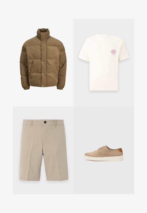 Rjav cordurojasti puhovnik z visokim ovratnikom, zaponkami na gumbe, elastičnimi manšetami in stranskimi žepi, prikazan na beli podlagi.; Bela majica s kratkimi rokavi z rdečim napisom "Studio Originals Edition" na levi strani prsnega koša, prikazana na nevtralnem sivo backgroundu.; Bež hlače do kolen z ravnim sprednjim delom, rahlo teksturo, zapiranjem na en gumb, pasom in dvema stranskima žepoma. Prilagojena oblika.; Bež tkanine usnjene superge z zaobljenim nosom, vezalkami na sprednji strani in teksturiranim zadnjim detajlom. Belo gumijasto podplato zagotavlja kontrast. Enostaven in sodoben dizajn.