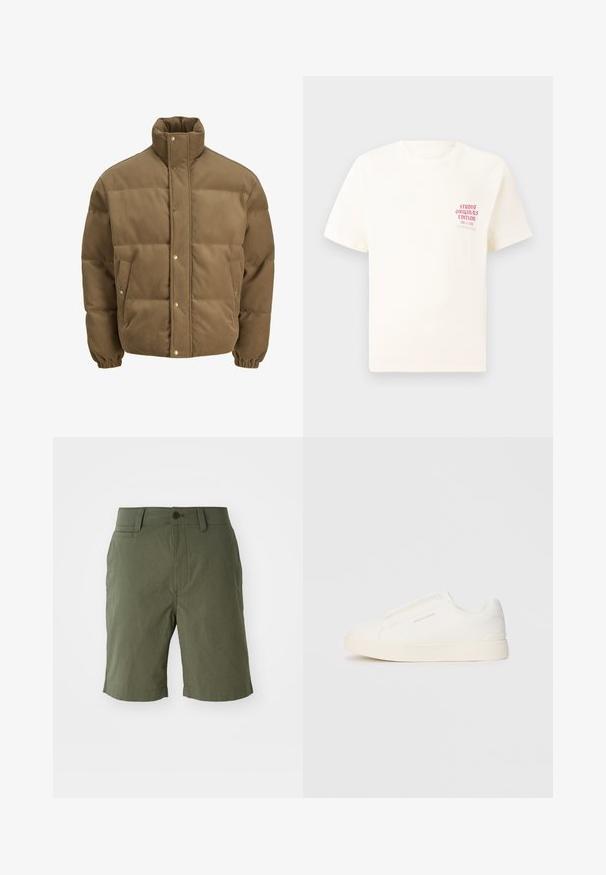 Rjav cordurojasti puhovnik z visokim ovratnikom, zaponkami na gumbe, elastičnimi manšetami in stranskimi žepi, prikazan na beli podlagi.; Bela majica s kratkimi rokavi z rdečim napisom "Studio Originals Edition" na levi strani prsnega koša, prikazana na nevtralnem sivo backgroundu.; Olives zeleno kratke hlače iz lahkega materiala, z ravnim sprednjim delom, dvema stranskima žepoma, enim zadnjim žepom in gumbnim zapiranjem.; Bele zapete brez vezalk z teksturirano površino, debelim podplatom in minimalističnim dizajnom. Na strani se nahaja logotip blagovne znamke.