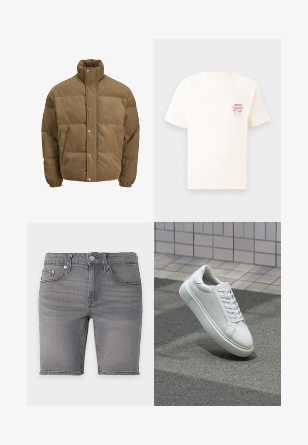 Rudos spalvos švarkas su raišteliu, turintis aukštą apykaklę, užsegamus mygtukais, elastines rankoves ir šonines kišenes, eksponuojamas ant balto fono.; Balta trumpa rankovėmis marškinėliai su raudonu užrašu "Studio Originals Edition" kairiajame krūtinės šone, rodomi neutralioje pilkoje aplinkoje.; Pilki džinsiniai šortai su penkių kišenių dizainu, užtrauktuku, sidabriniais akcentais ir šiek tiek nusidėvėjusia tekstūra. Žaizdos apipjaustytos virš kelių.; Balti odiniai sportbačiai su lygiu paviršiumi, apvalia nosimi ir plokščiomis baltomis raištelėmis. Yra tekstūruotas gumos padas ir minimalizmas dizaino elementuose.