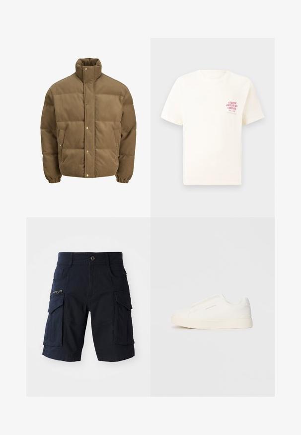 Brūns korduroja pufersjakas ar augstu apkakli, spiedpogu aizdari, elastīgām aprocēm un sānu kabatām, izstādīta uz baltā fona.; Balts īsām piedurknēm T-krekls ar sarkanu tekstu "Studio Originals Edition" uz kreisā krūšu, pakārtots neitrālā pelēkā fonā.; Jūras spēku krāsas cargo šorti ar vairākiem kabatām, tostarp ar rāvējslēdzēju aizveramu sānu kabatu, izturīgu audumu, taisnu griezumu un ceļa garuma dizainu.; Baltas slip-on sporta apavi ar teksturētu virsmu, biezu zoli un minimālistisku dizainu. Sānos redzams zīmola logotips.