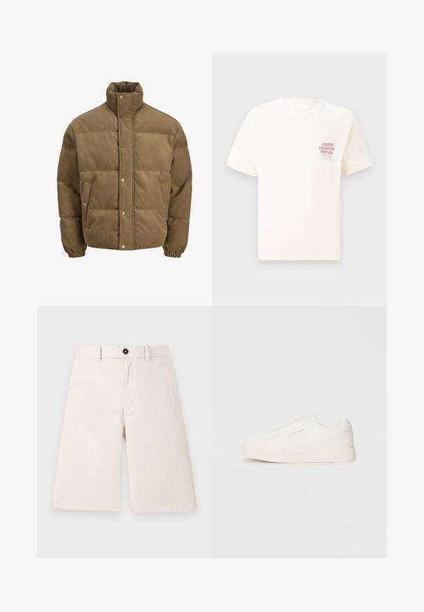 Rjav cordurojasti puhovnik z visokim ovratnikom, zaponkami na gumbe, elastičnimi manšetami in stranskimi žepi, prikazan na beli podlagi.; Bela majica s kratkimi rokavi z rdečim napisom "Studio Originals Edition" na levi strani prsnega koša, prikazana na nevtralnem sivo backgroundu.; Beige bombažne kratke hlače s ravnim krojem, ki imajo zavihek za gumb in pasne zanke. Gladko teksturo brez vzorcev ali dodatkov.; Bele zapete brez vezalk z teksturirano površino, debelim podplatom in minimalističnim dizajnom. Na strani se nahaja logotip blagovne znamke.