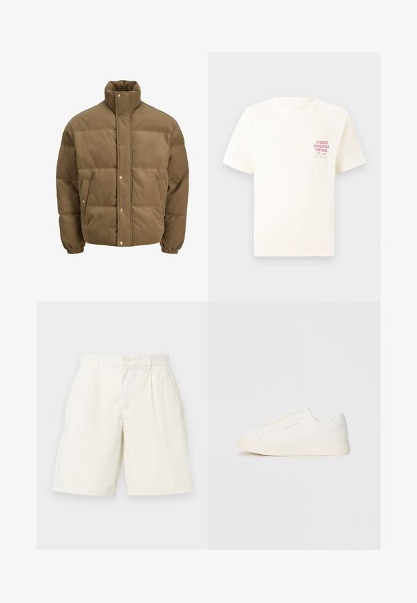 Hnedý kordurovkový bomber s vysokým golierom, sponami, elastickými manžetami a postrannými vreckami, vystavený na bielom pozadí.; Biele tričko s krátkym rukávom s červeným textom "Studio Originals Edition" na ľavej hrudi, zobrazené na neutrálnom šedom pozadí.; Biele bavlnené šortky so rovnými nohavicami, s gombíkovým zapínaním a bočnými vreckami. Hladká textúra a žiadne viditeľné vzory.; Biele slip-on tenisky s textúrovaným povrchom, hrubou podrážkou a minimalistickým dizajnom. Obsahuje logo značky na boku.