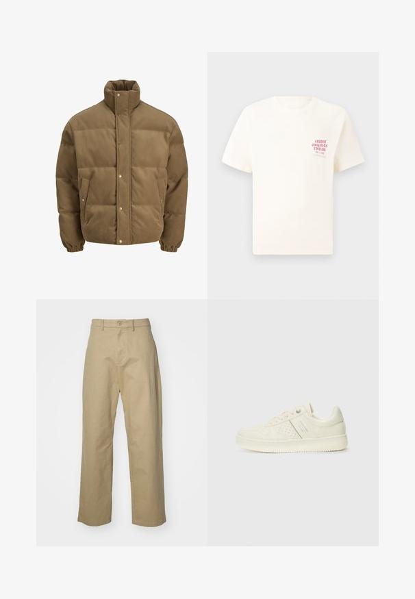 Rjav cordurojasti puhovnik z visokim ovratnikom, zaponkami na gumbe, elastičnimi manšetami in stranskimi žepi, prikazan na beli podlagi.; Bela majica s kratkimi rokavi z rdečim napisom "Studio Originals Edition" na levi strani prsnega koša, prikazana na nevtralnem sivo backgroundu.; Bež bombažne hlače s ravnim krojem, ki imajo sprednji gumb in zadrgo ter dva stranska žepa. Gladka površina.; Sneaker v kremni barvi s perforiranim detajlom, vezalkami in logotipom na strani, prikazan na enostavni beli ozadju.