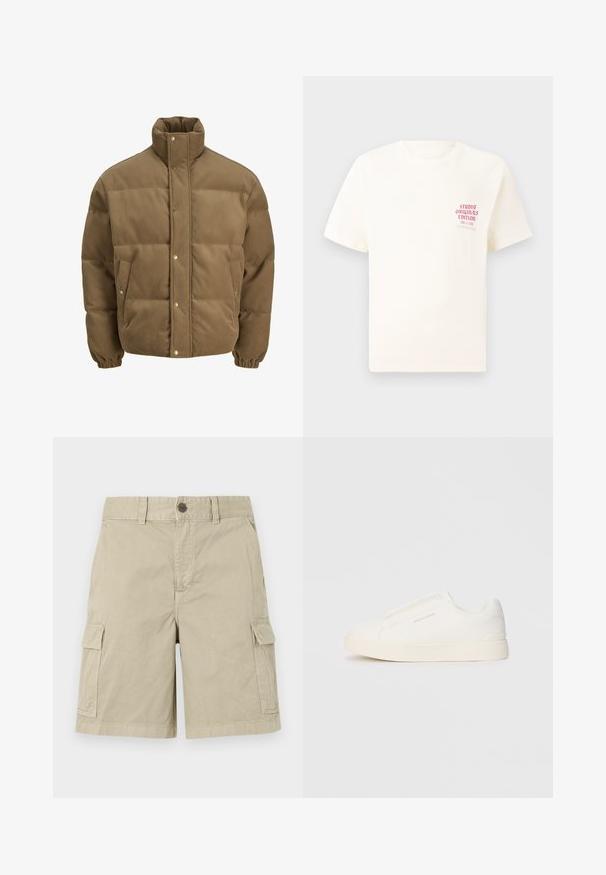 Veste matelassée en corduroy marron avec col haut, boutons pression, poignets élastiques et poches latérales, présentée sur un fond blanc.; T-shirt blanc à manches courtes avec le texte rouge "Édition Originals du Studio" sur la poitrine gauche, présenté sur un fond gris neutre.; Shorts cargo beiges en coton, dotés de poches latérales, d'une fermeture à bouton et d'une coupe droite avec une finition décontractée.; Baskets blanches sans lacets avec une surface texturée, une semelle épaisse et un design minimaliste. Présente le logo de la marque sur le côté.