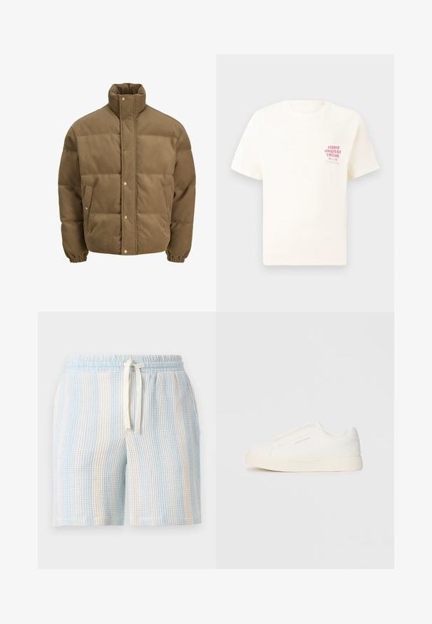 Chaqueta de plumón de pana marrón con cuello alto, botones a presión, puños elásticos y bolsillos laterales, exhibida sobre un fondo blanco.; Camiseta blanca de manga corta con el texto rojo "Edición de Studio Originals" en el lado izquierdo del pecho, exhibida sobre un fondo gris neutro.; Pantalones cortos ligeros y texturizados con un patrón de rayas azul y blanco. Cuentan con una cintura elástica y un cierre con cordón.; Zapatillas blancas tipo slip-on con una superficie texturizada, suela gruesa y diseño minimalista. Presenta el logo de la marca en un lado.